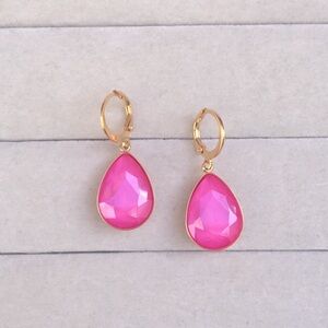 Hot Pink + Gold Crystal Pear Drop Earrings